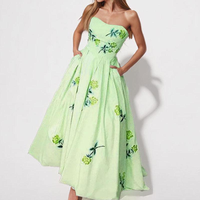 Европейское американское женское весеннее платье в цветочек с квадратным вырезом и разрезом S зелёный