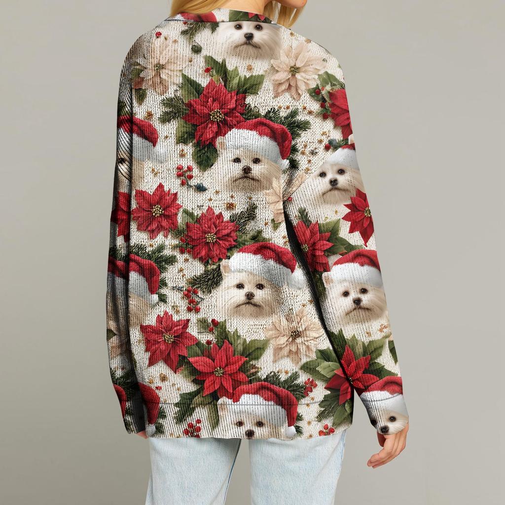 Women's Fashion Long Sleeve Christmas Print V-Neck Button Loose Cardigan Top