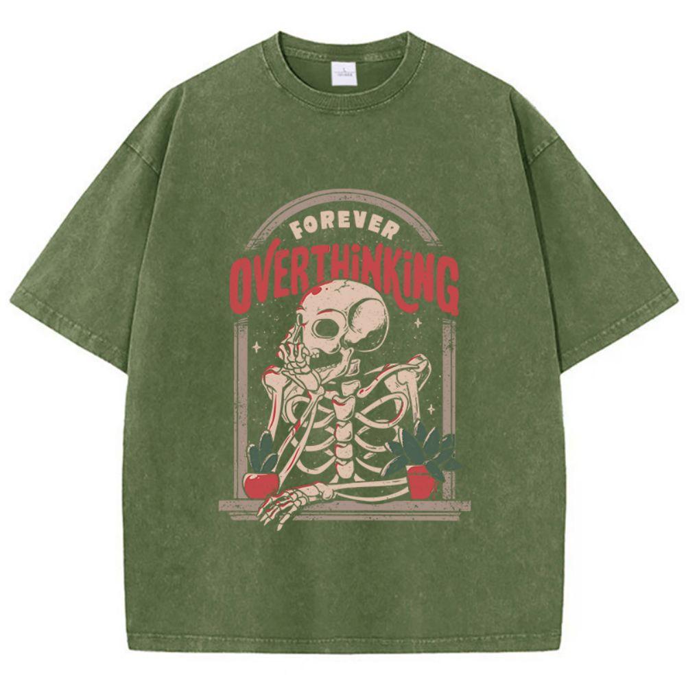 Women'S Cotton Washed T-Shirts Skeleton Man On The Balcony Printing Tops Oversize O-Neck Soft Short Sleeve Clothes