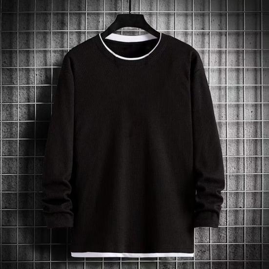 Men O-Neck Waffle Sweatshirt Fake Two-Piece Long Sleeve T-shirt Casual Loose Pullover for Spring Autumn Daily Wear Street