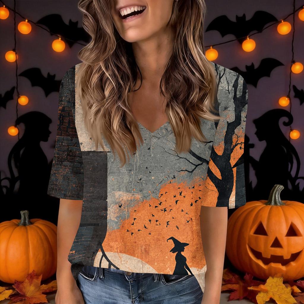Women's Fashion Short Sleeve V Neck Halloween Print Tunic Top for Casual Wear
