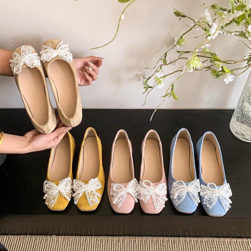 Square head single shoes women's summer new Doudou shoes pearl flat bottom shallow mouth versatile evening gentle laden shoes