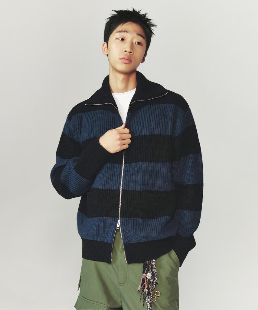 INTEMPOMOOD Block Color Zip-Up Knit_Blue & Black