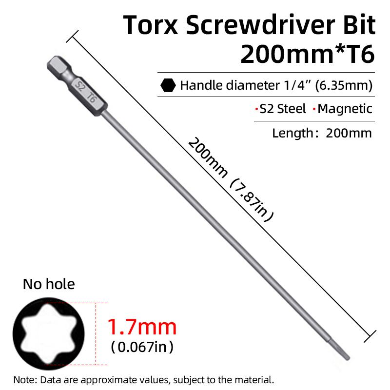 200mm Torx Screwdriver Bits Magnetic Hollow Plum Blossom Head S2 Steel Security Bit T6-T40 1/4'' Hex Shank Hand Power Tools