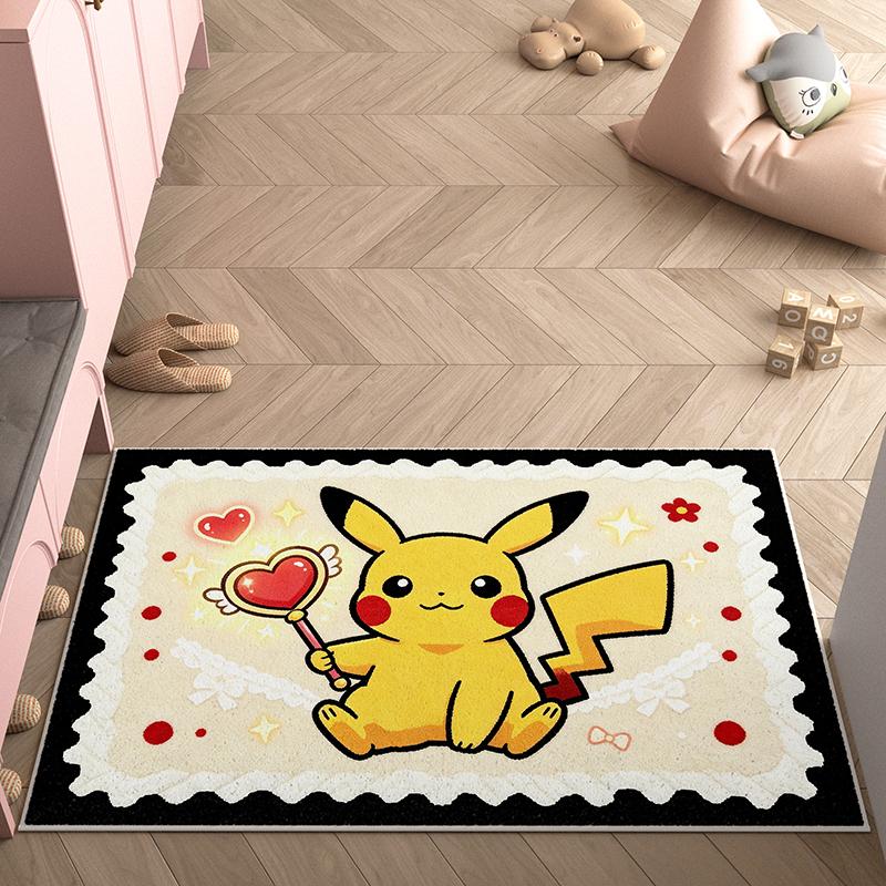 Doorway Floor Mat, Faux Cashmere, Pikachu 3D Print, Soft Water Absorbent, Lucky Clover Home Decor Rug