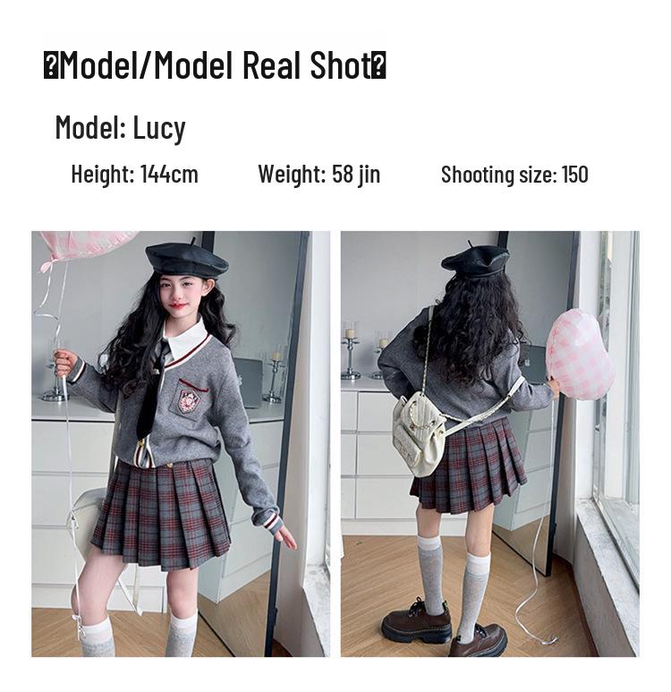 Girls' 2025 Preppy-Style Knitted Cardigan, Shirt & Pleated Skirt Set for Spring/Autumn