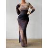 Spot European and American Fashion Mesh Printing Pleated Sexy Tight Crew Neck Dress