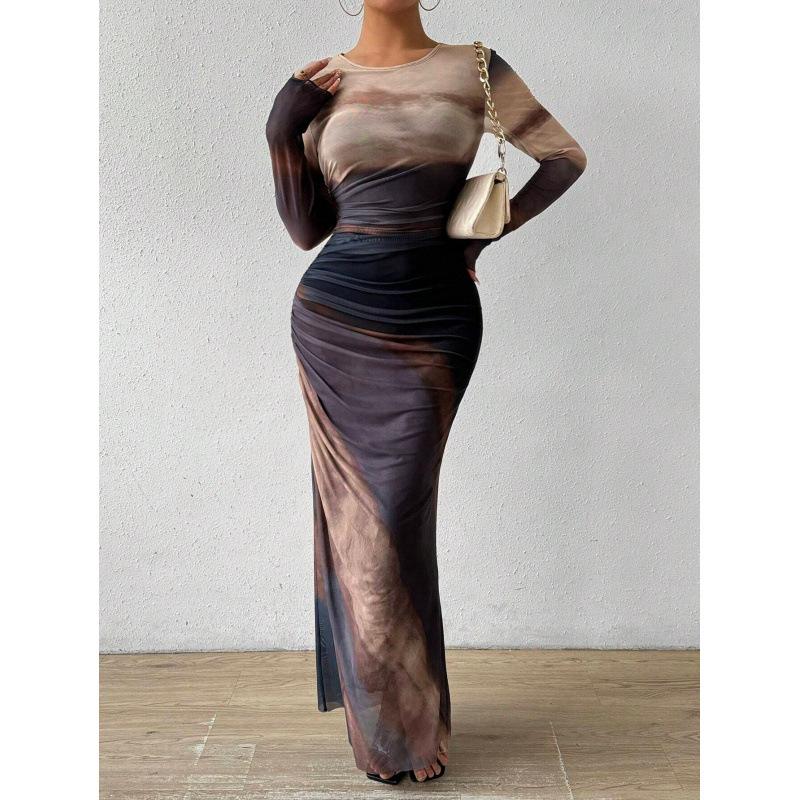 Spot European and American Fashion Mesh Printing Pleated Sexy Tight Crew Neck Dress