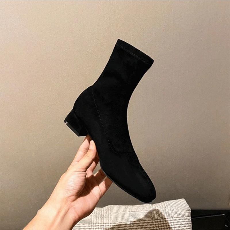 Coarse Heel Short Boots Women's 2025 New Black Suede Medium Boots Medium Heel Versatile Square Socks Boots Elastic Thin Boots