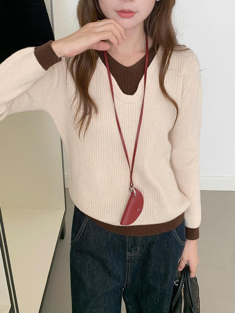 Women's V-Neck Wool Sweater: Color Block, Faux Two-Piece, Long Sleeve Knitwear