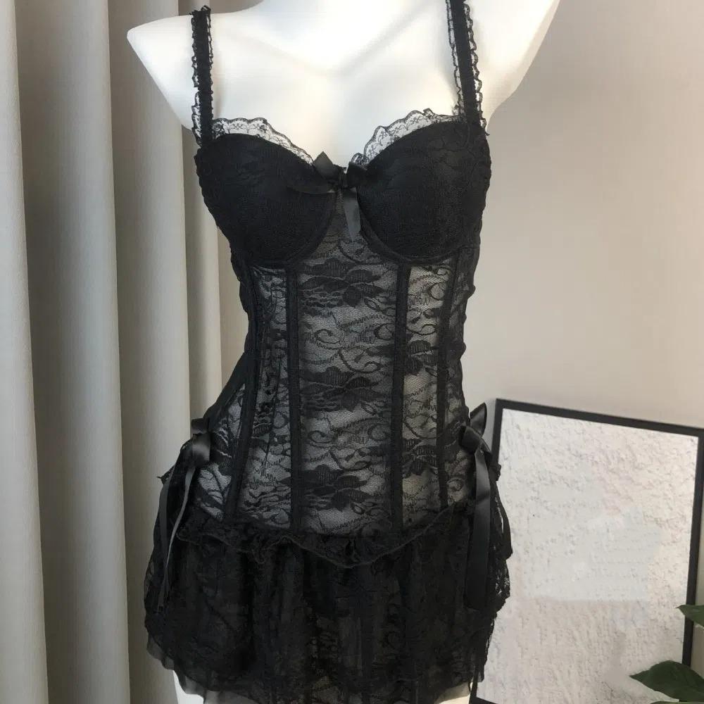 Mesh Lingerie Uniform Dress Nightgown Lace Corset Skirt Lace Camisole Briefs Set  Home