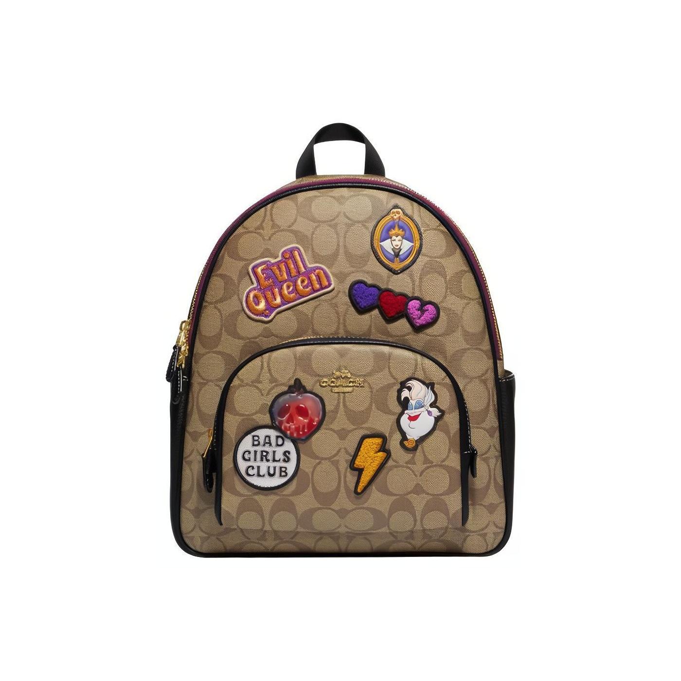 Coach Women's X Disney Collaboration Court 28 Zipper Closure Cartoon Logo Patch Fabric And Leather Backpack Large Backpack Khaki Cc148-Ime7v