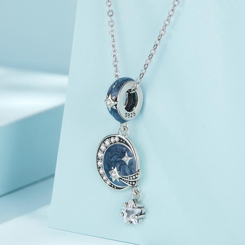 WOSTU 925 Sterling Silver Blue Starry Sky Series Shiny CZ Charms Moon Star Beads Fit Orignal Bracelet DIY Bangle Jewelry Making