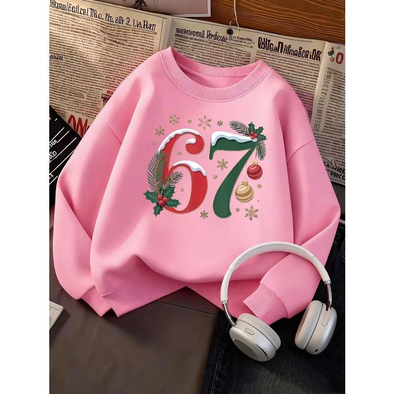 Unisex Kids Sweatshirt, Christmas Snow Holly Bauble Number 67 Print Pullover, Boys Girls Holiday Birthday Sweatshirt For Kids Over 4 Years Old