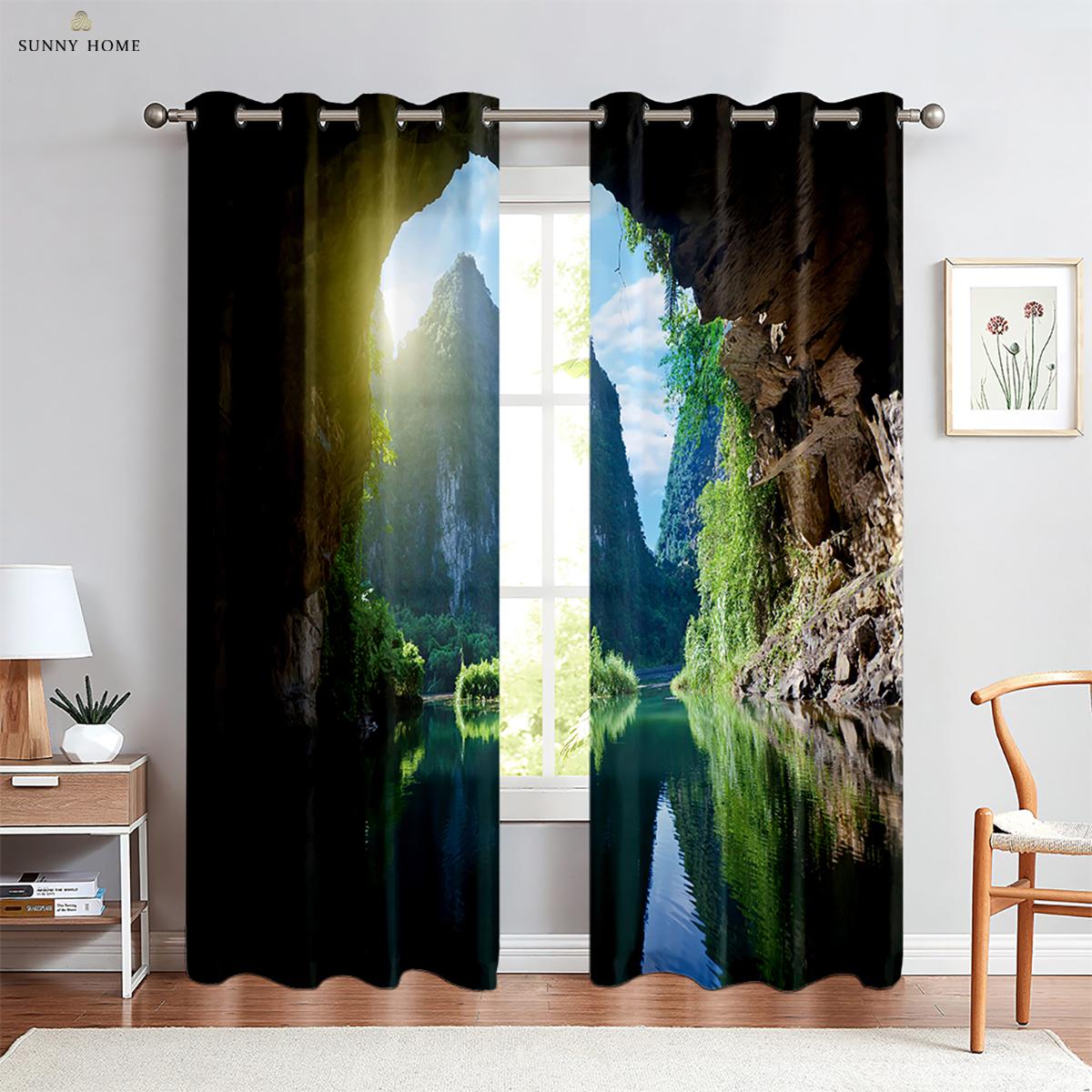 

Шторы с реалистичными эффектами, Оконный пейзаж, Водопад на берегу моря, Шторы со звездным небом, Спальня, Гостиная, Кухонные шторы W50xH140(CM)x2PCS&Grommet Top