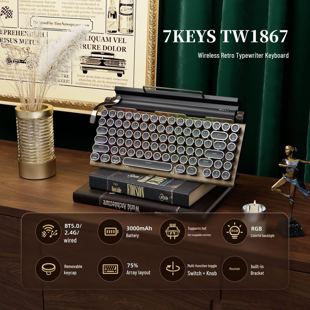 TW1867 Three-Mode Retro Bluetooth Mechanical Keyboard with Hot-Swappable Linear Switches and RGB Lighting