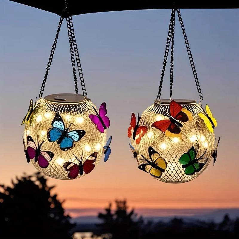 Solar Powered Hanging Lantern, Metal Mesh LED Butterfly Light, Waterproof Outdoor Garden Patio Yard Decor, Warm White & Multicolor Night Lamp
