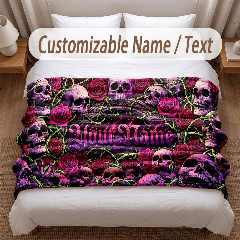 Skull Gothic Theme Soft Blanket Personalized Custom Name Text Print Warm Blanket Home Sofa Bedroom Decor