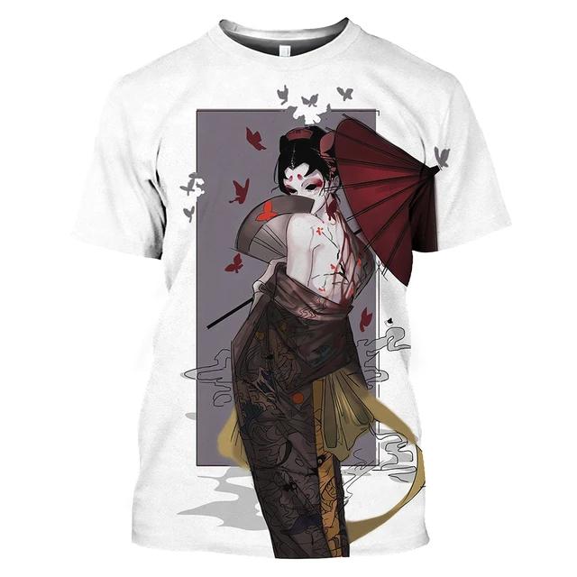 Summer Fashion Japanese Geisha Cool T Shirt Men Casual Fun Personality Harajuku Printed Round Neck Short Sleeve Streetwear Top