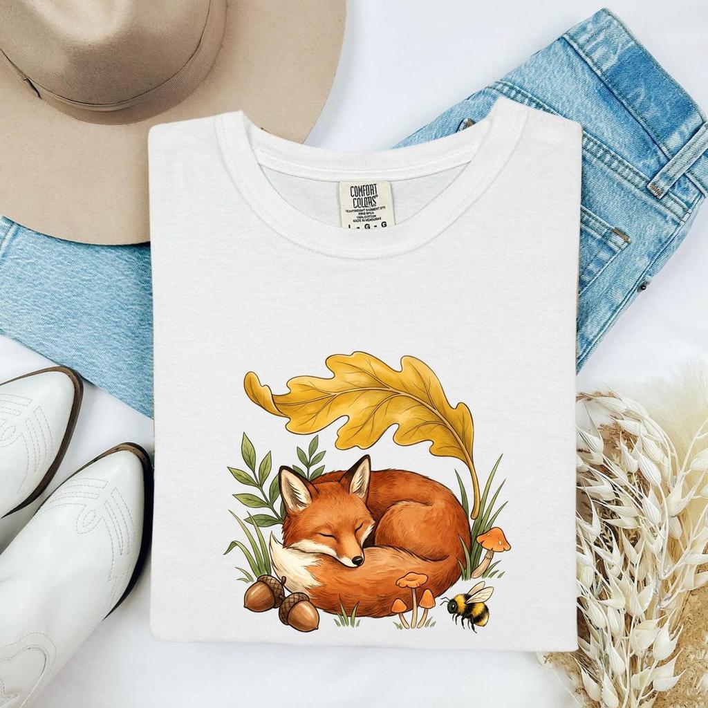 Napping Fox Shirt Cottagecore Wildlife Gift Women Fantasy Tee Fox T-Shirt Cottagecore Fan Whimsical Tshirt Wildlife Graphic Sketch Toadstool