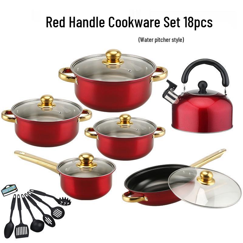 Stainless Steel Non-stick Cookware Set with Gold Handles, 12 PCS - Includes Soup Pot, Frying Pan, Steamer Basket.
