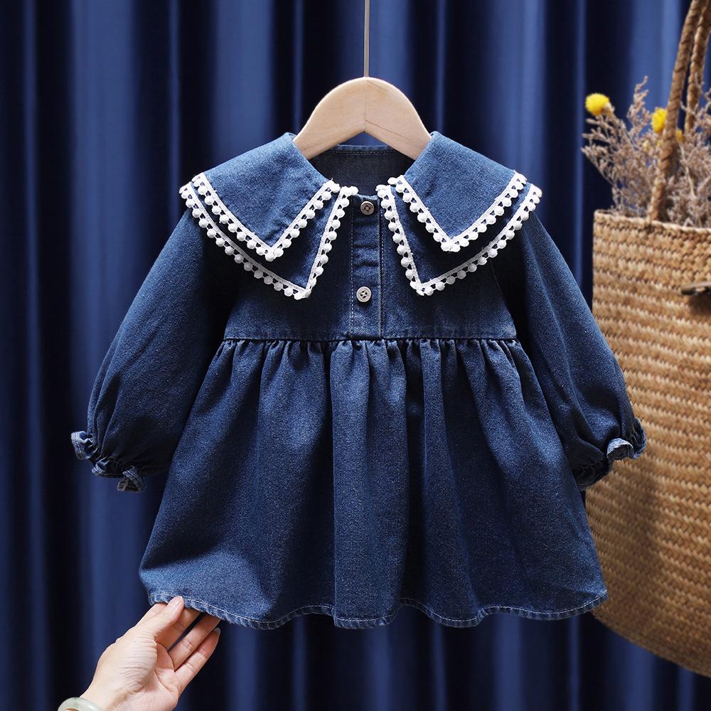Korean-Style Baby Denim Skirt Dress: Long-Sleeved Cream Spring & Autumn Fashion 2025