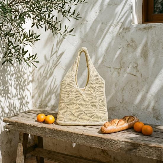 Women Crochet Shoulder Bag Lightweight Solid Color Mesh Handbag Fashionable Beach Bag Daily Commuting