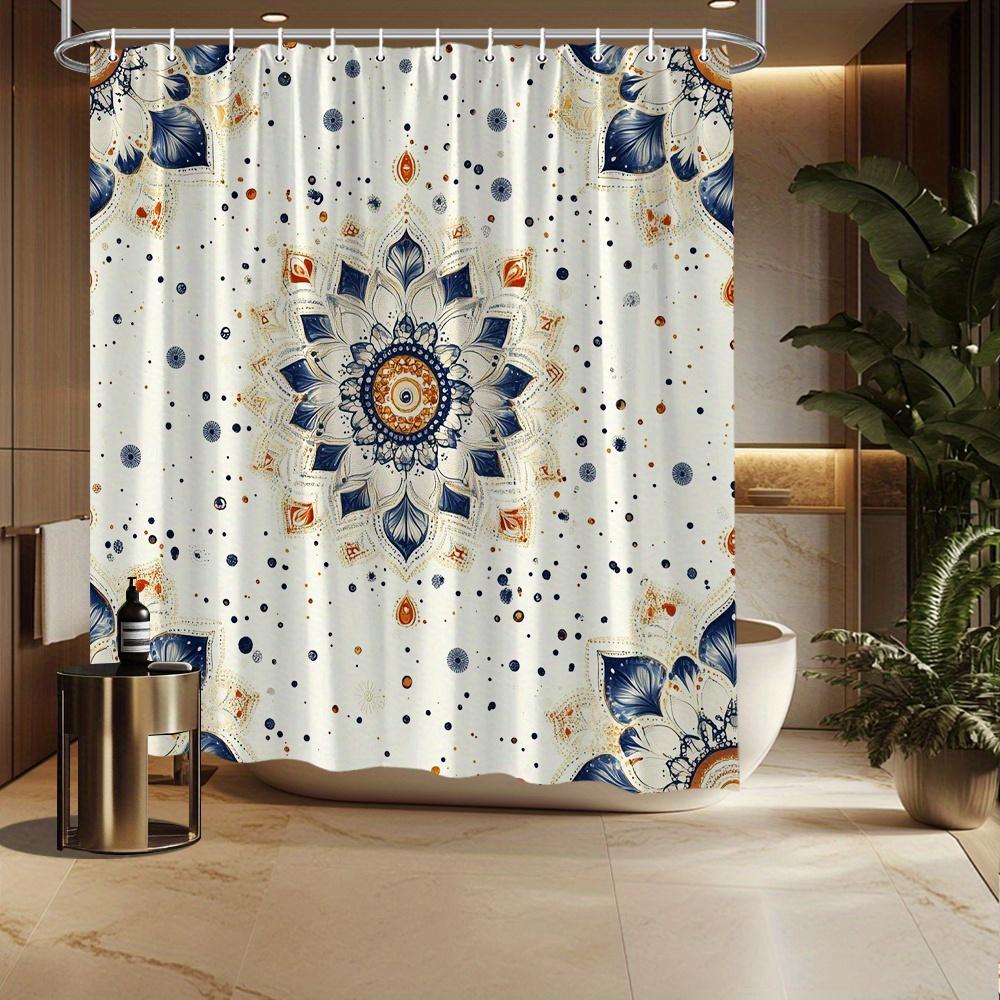 

1Pc Mandala Shower Curtain, Blue Orange & Gold On Light Beige, Polyester, 12 Hooks, Stylish & Durable Bathroom Decor W60H190(CM)-1 Pcs