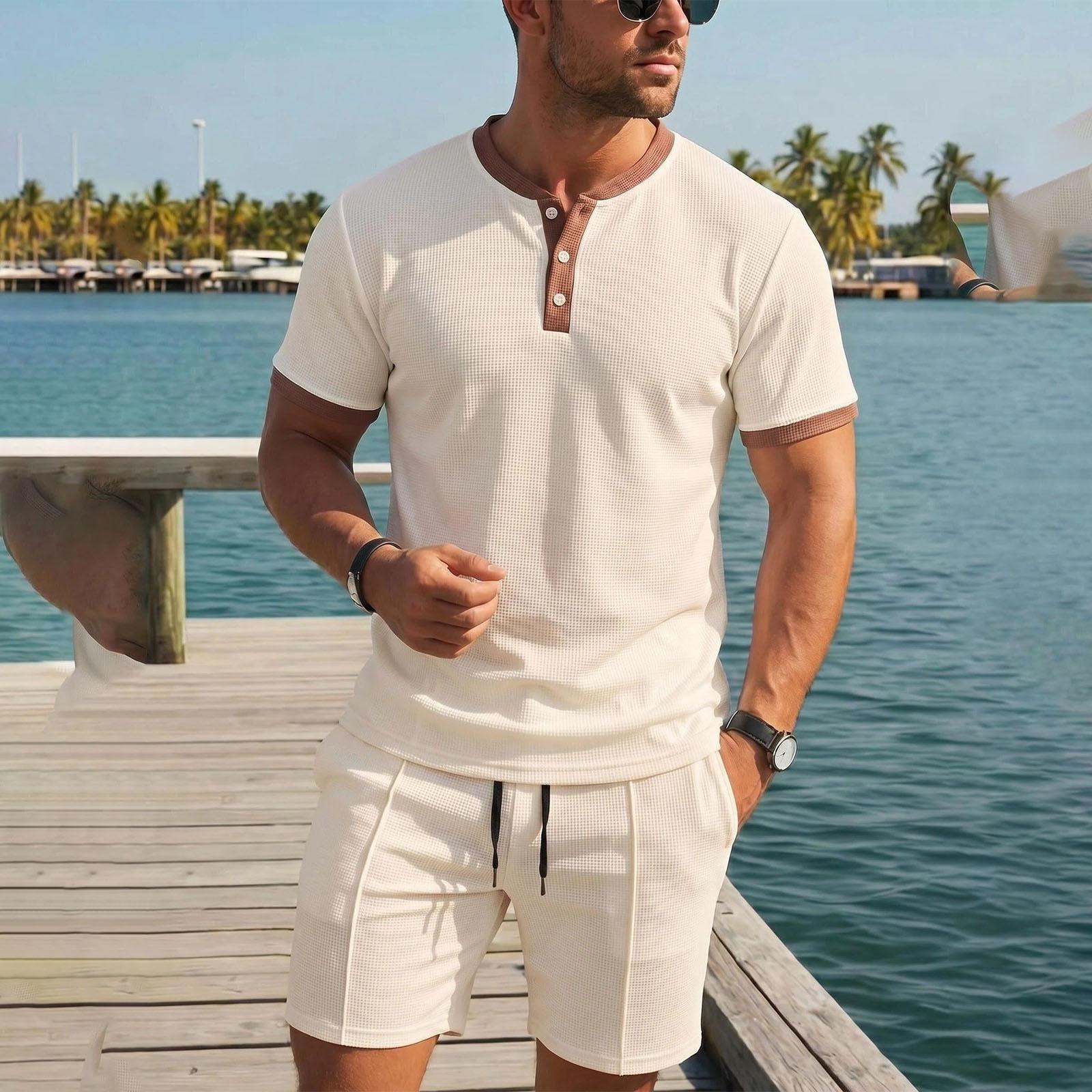 

Men s Casual Vintage Waffle Knit Short Sleeve Henley Shirt with Button Placket and Lightweight Breathable Drawstring Waist Shorts Set XXXL хаки