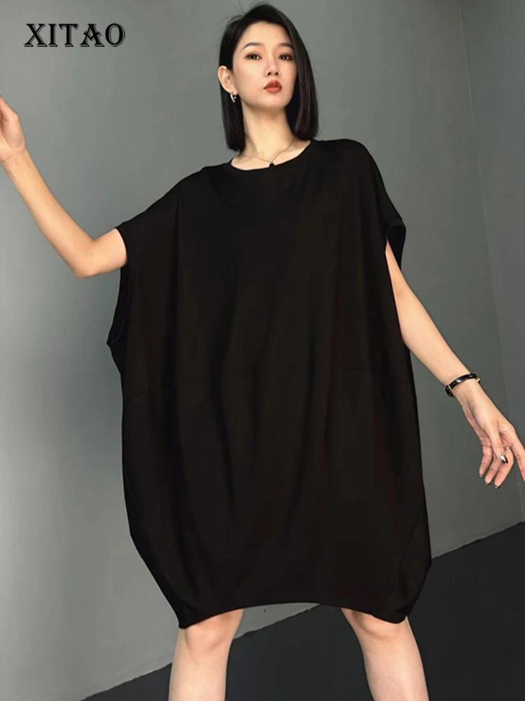 

XITAO Loose Batwing Sleeve Dress Solid Color Women ZY8721