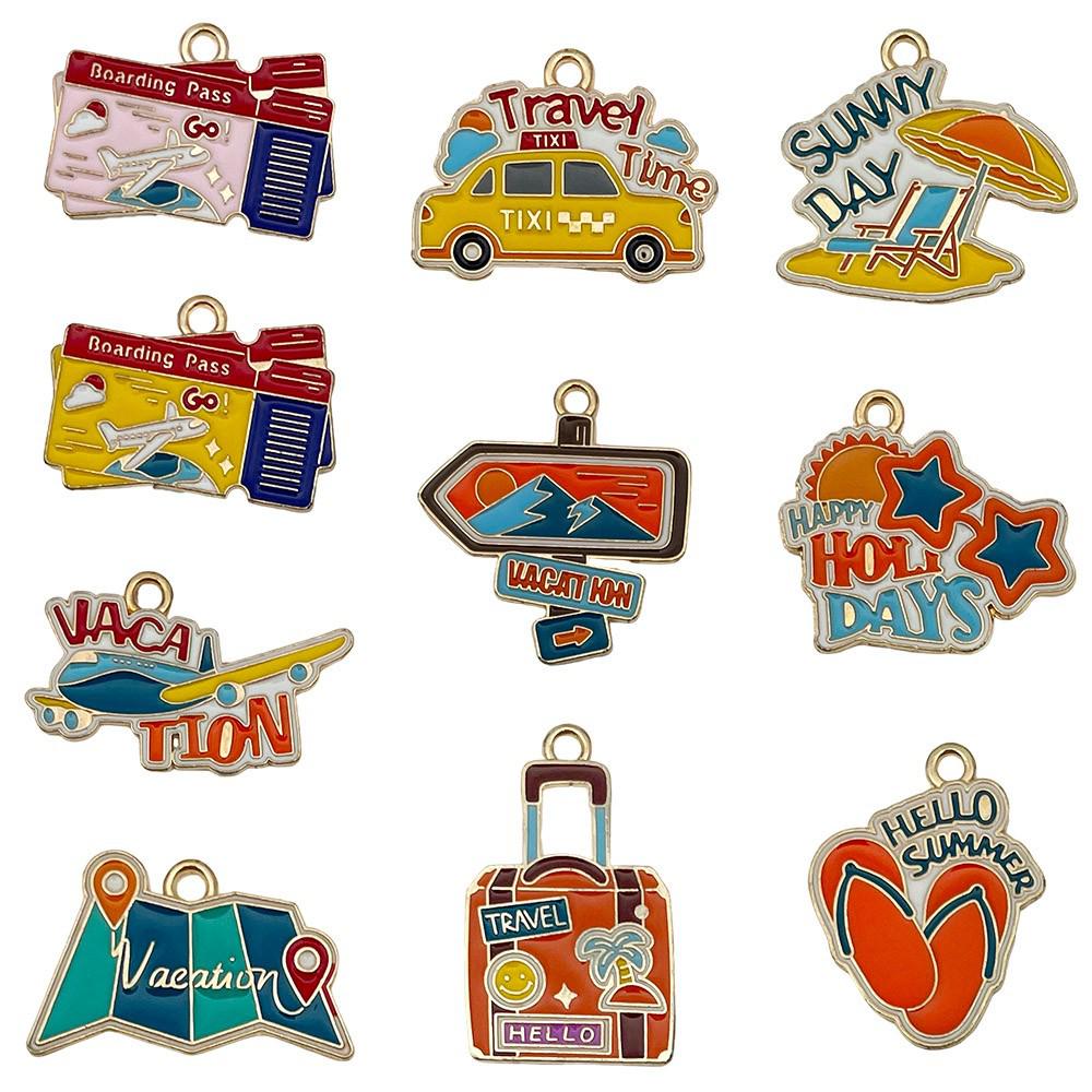 Colorful Enamel Cartoon Beach Charms for DIY Jewelry - Summer Travel Style, Set of 10