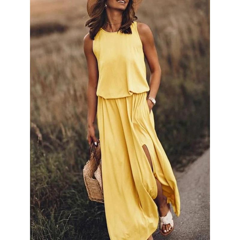 Vestido Largo Casual de Color Sólido sin Mangas con Cuello Redondo, Abertura Lateral, Ropa Nueva Europea y Americana para Mujer de Primavera y Verano