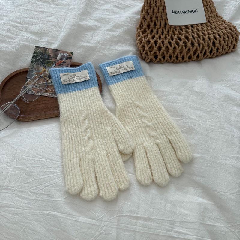 Women's Long Color Block Cable Knit Gloves for Autumn/Winter - Warm, Cold-Proof, Thickened Cycling Hand Protection