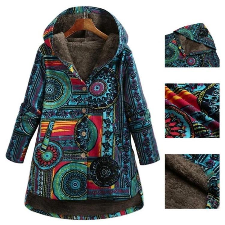 Long Printed Hoodie Warm Women's Coat Fashion Outerwear Retro National Style Slim Temperament Large Size