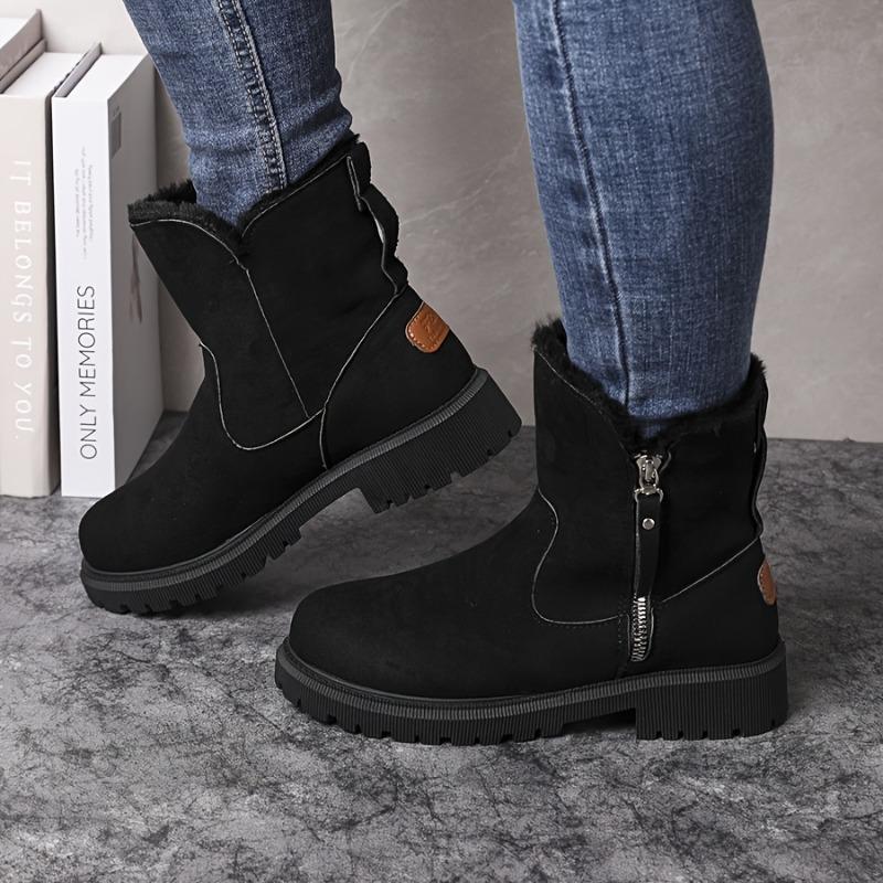 Women's Round-Toe Short Boots Plush Faux Thick Rubber Sole Chunky Heel Zipper Winter Casual Dressy Brown Booties for Jeans