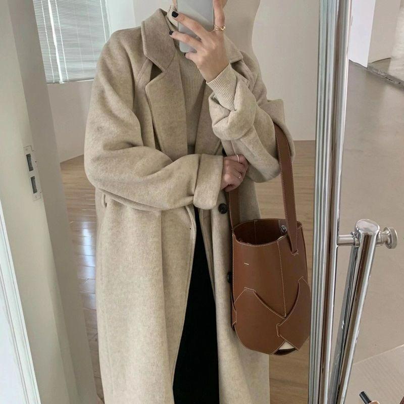 Cappotto di Lana da Donna Lunghezza Media Autunno e Inverno Stile Hepburn Temperamento Piccolo Largo Spesso Cappotto di Lana