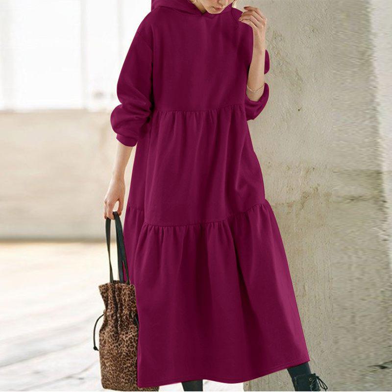 Spring and Autumn Solid Color Sweatshirt Dress Women's Vintage Loose Long Casual Sweatshirt
