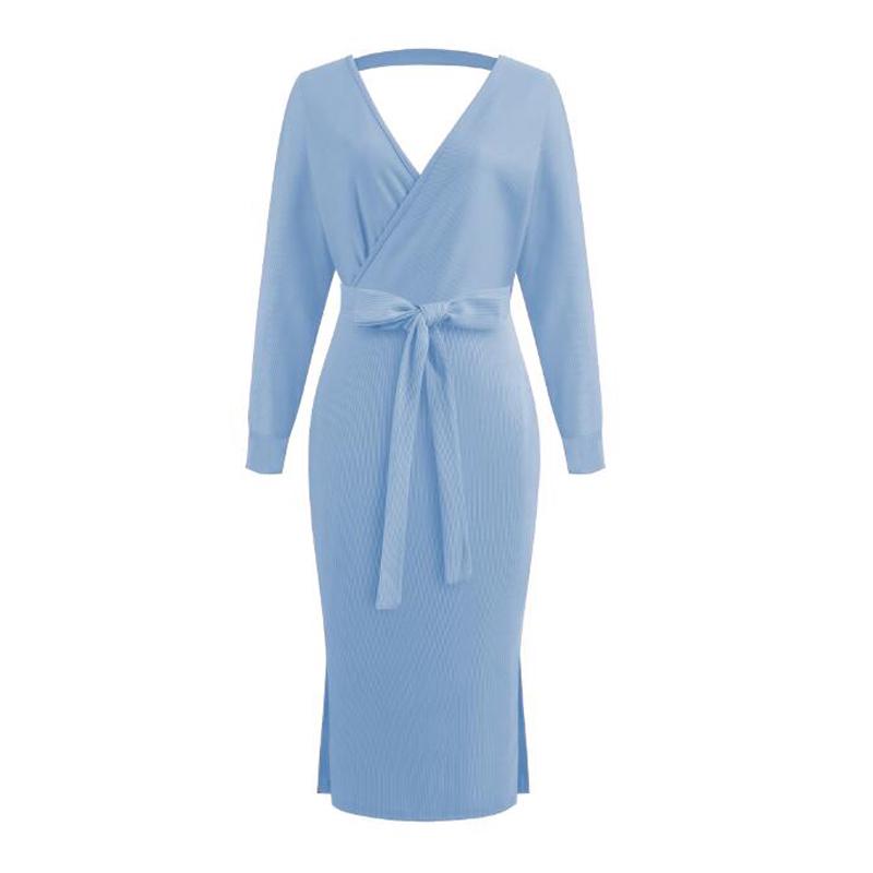 WarmJacktes Autumn Winter Women 'S Knit Solid Color Long -Sleeved V -Neck Dress Warm Bottoming Skirt