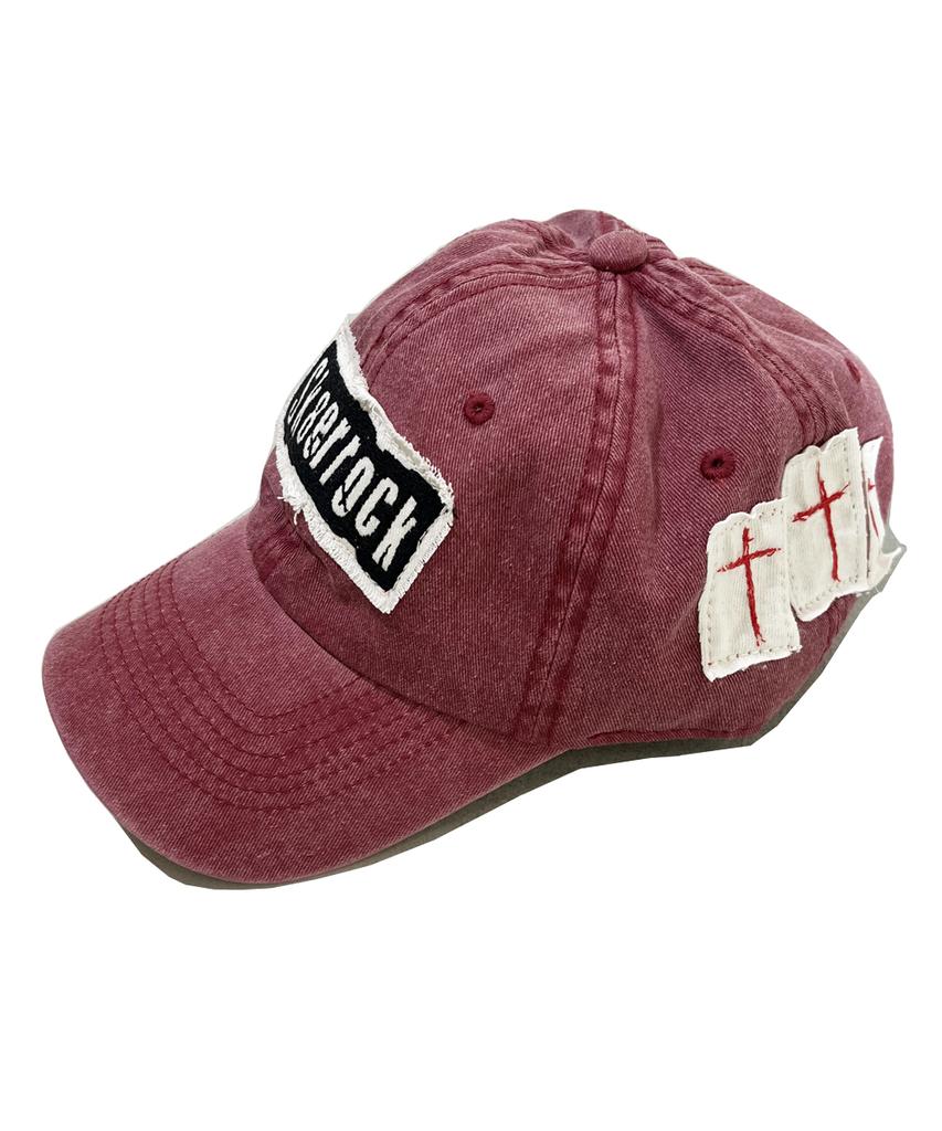 SK8ER ROCK Patchwork Pigmentwashing Ball Cap ((Red))