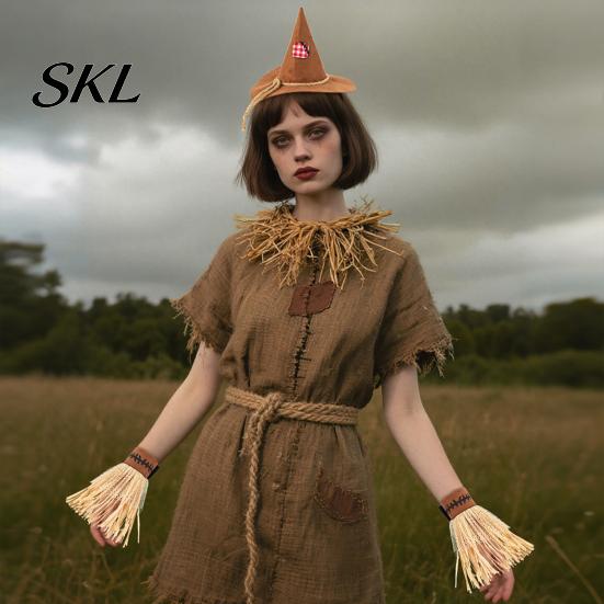 Scarecrow Elastic Headband Costume Set, with Pointed Hat And Straw Bracelets Combo Bracelets, Halloween Cosplay for Farm Party Accessories Brown