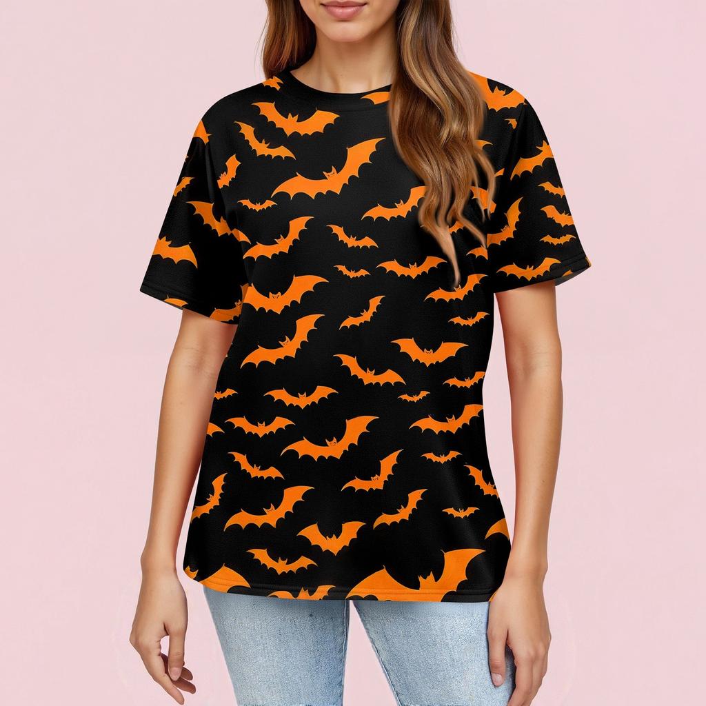 Modisches Lässiges Damen-Pullover-Oberteil mit Kurzarm und Halloween-Print, Rundhals