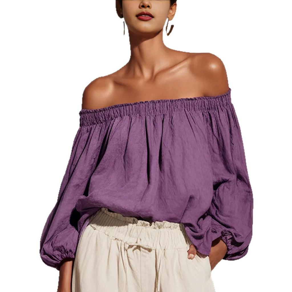 Nuova maglia da donna casual europea e americana, a spalle scoperte, maniche lunghe a lanterna, in cotone e lino, tinta unita