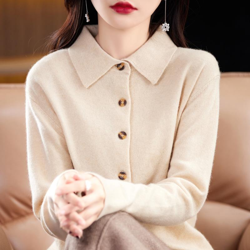 Women's POLO Neck Sweaters Fashion Cardigans Casual Solid Color Print Autumn Winter Long Sleeve