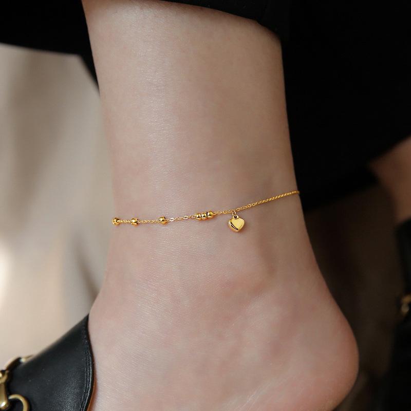 Tide Double-Layer Heart Anklet: 18K Gold-Plated Titanium Steel, Non-fading Fashion Light Luxury for Women