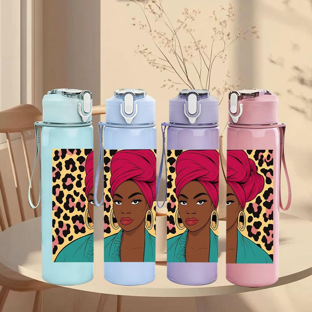 1PC African Woman Turban Pattern 750ml Color Plastic Sports Water Bottle Leakproof Flip Straw Lid Suitable for Sports Office Home Use