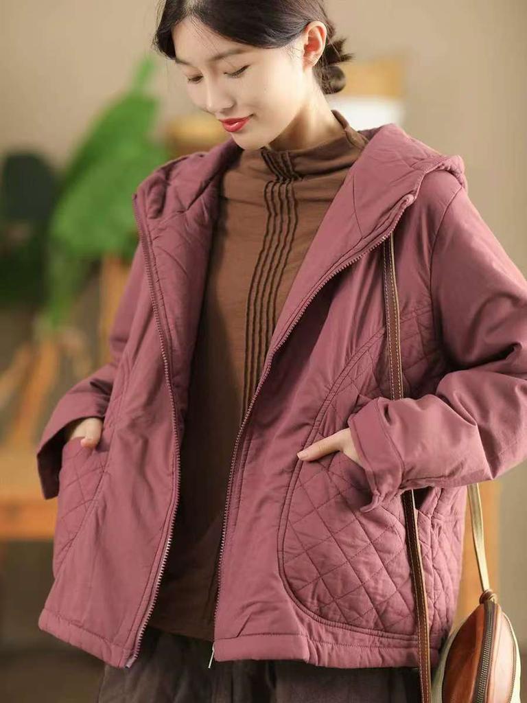 Johnature Abrigo informal con capucha y cremallera para mujer, de color liso, holgado, de manga larga, estilo chino, para invierno