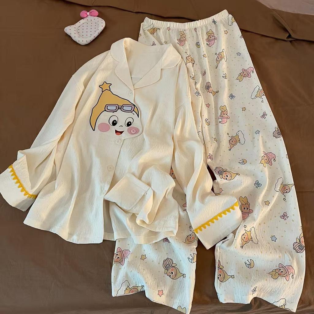 Girls' Star Girls Pajamas Spring and Autumn Cardigan Lapel Double Long Suit Students can wear loungewear outside