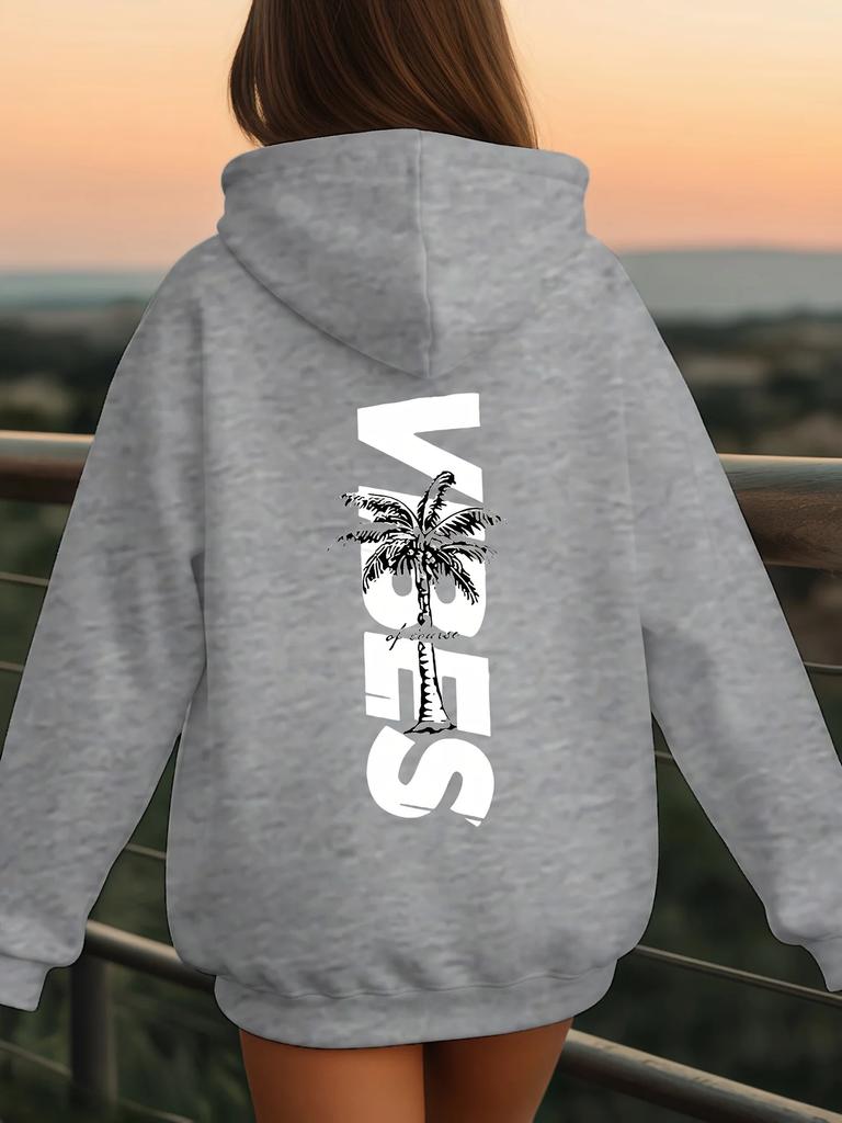 Children Vintage Palm Tree Hoodie Back Side Vibes Letter Print Pullover Autumn Winter Fleece Warm Trendy Kids Hooded Sweatshirt