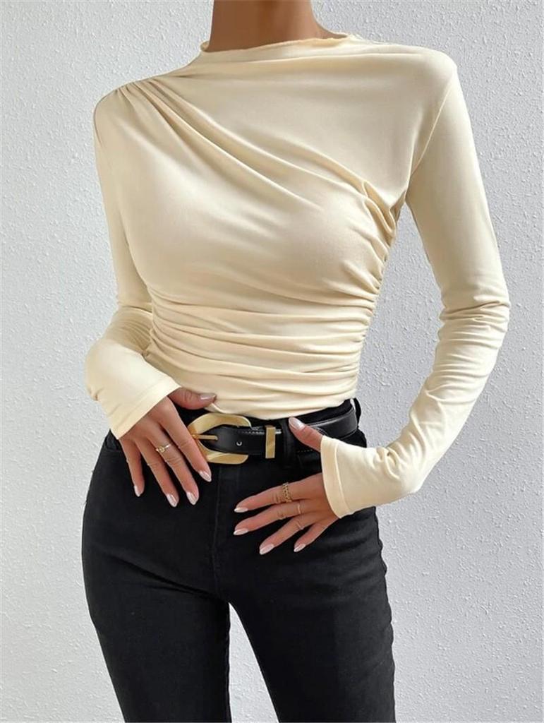 Women's Solid Color Slim-Fit Long-Sleeve Pleated T-Shirt, 2025 European & American Style