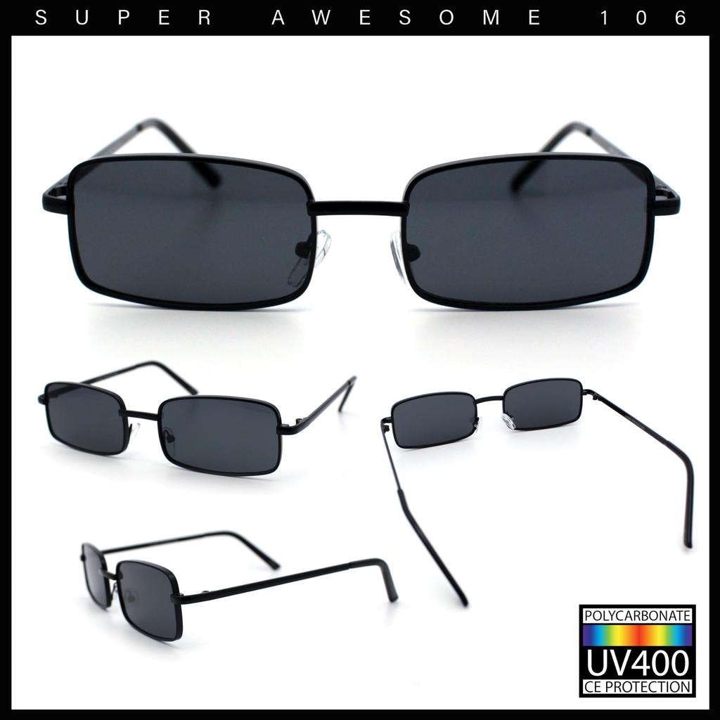 SA106 Men's Retro Vintage Narrow Rectangular Pongee Metal Sunglasses, All Black, 5 12" (140mm) x 1 14" (32mm)